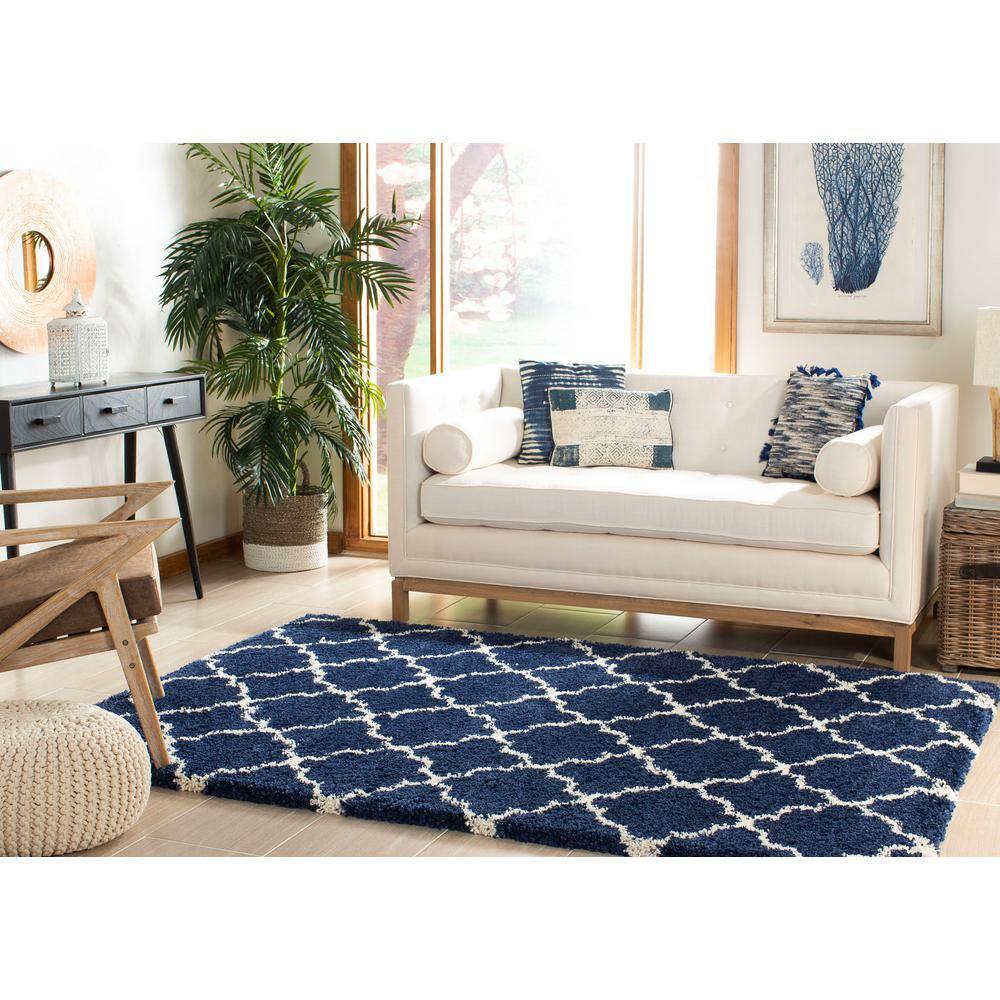 Navy and Ivory Geometric Shag Area Rug 4' x 6'
