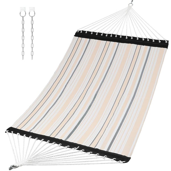 Unbranded 11 ft. Quilted Double 2-Person Textilene Portable Hammock with Iron Spreader Bars, Beige/Black Stripes