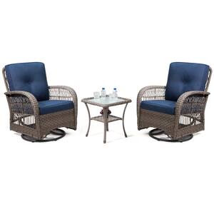 3-Piece Wicker Outdoor Rocking Chair Patio Conversation Set Swivel Chairs with Blue Cushions and Side Table