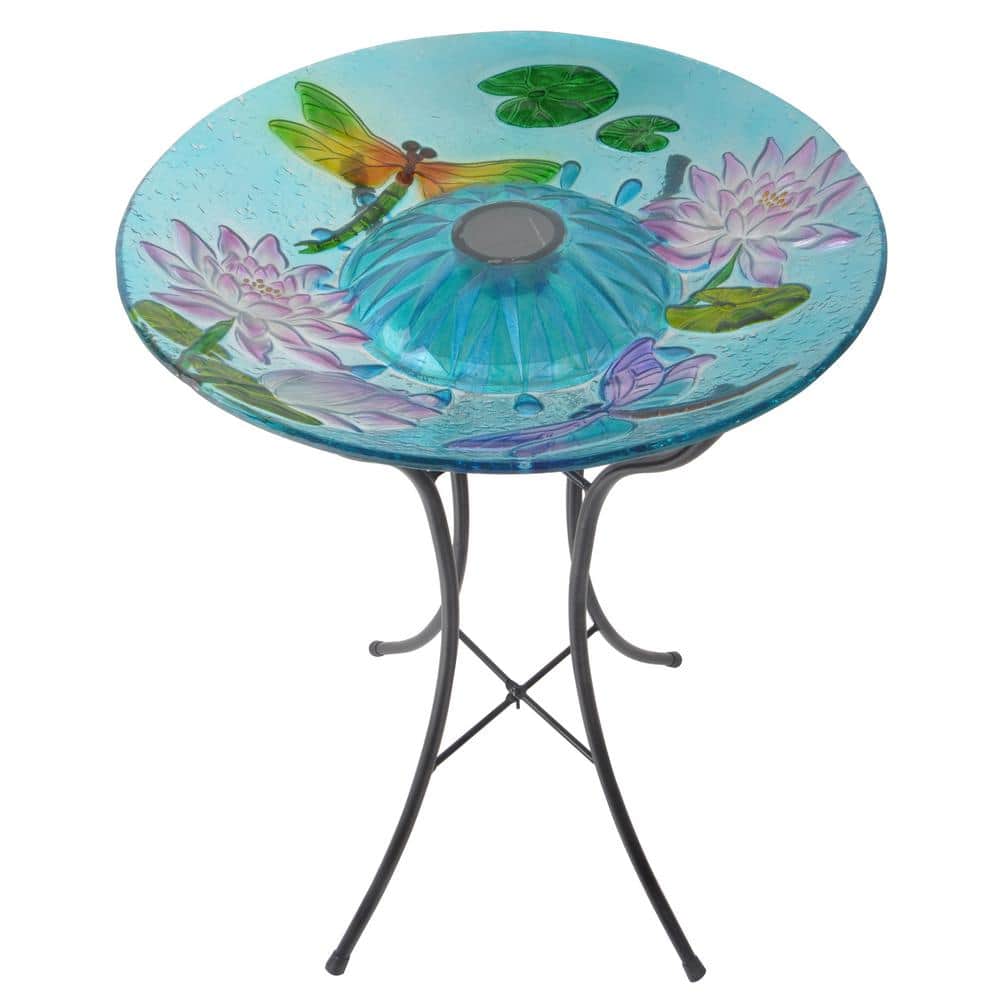 18" Light Blue Glass Dragonfly Solar Birdbath with Stand