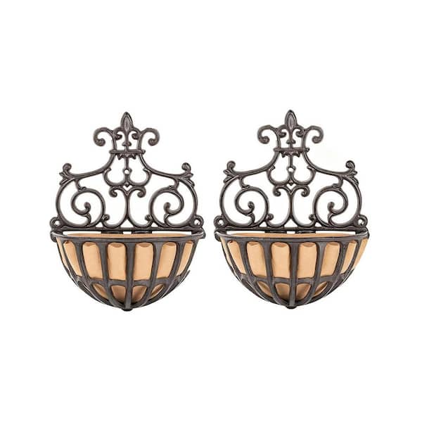 12 in. x 9 in. Brown Wrought Iron Heavy-Duty Wall Hanging Hollow Planter