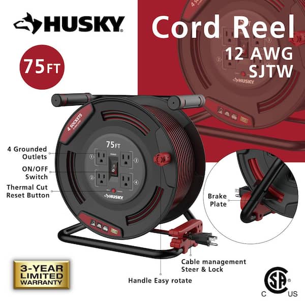 Husky 75 ft. 12/3 13 Amp Retractable Extension Cord Reel with 4