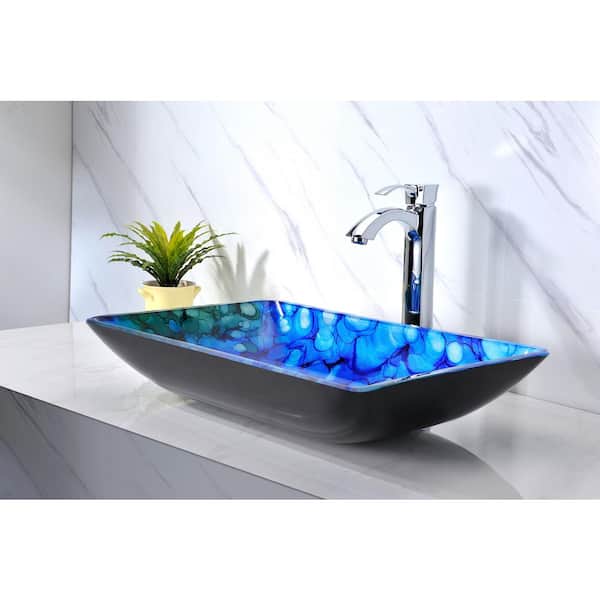 Voce Series Rectangular Deco-Glass Vessel Sink in Lustrous Blue