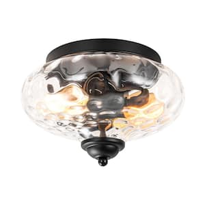 Jordy 9 in. 2-Light Black Modern Industrial Dome Flush Mount with Water Rippled Glass Shade Included (Set of 2)