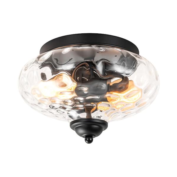 RRTYO Jordy 9 in. 2-Light Black Modern Industrial Dome Flush Mount with Water Rippled Glass Shade Included (Set of 2)