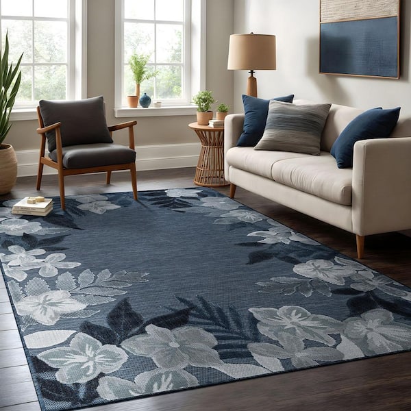 Beverly Rug Eden 8 ft. x 10 ft. Navy Washable Border Floral Indoor