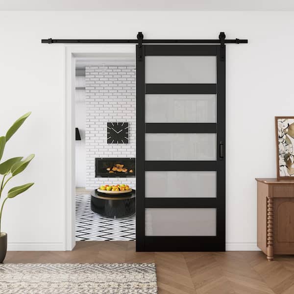 36 in. x 84 in. 5-Lite Tempered Frosted Glass Black Finished MDF Sliding Barn Door with Hardware Kit and Soft Close