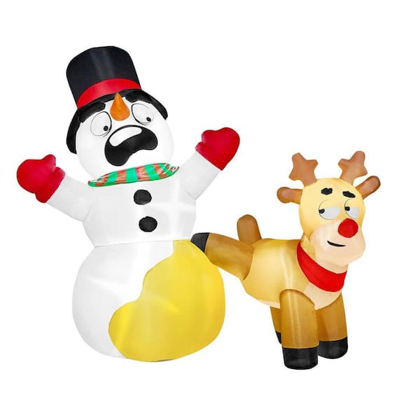 6.6 ft. Long Christmas Inflatable Reindeer Peeing on Snowman, Blow Up Inflatables with Build-in LEDs