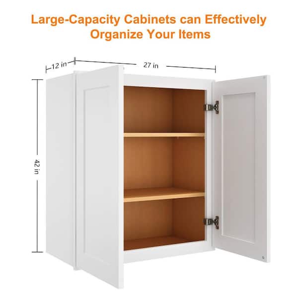 Newport Shaker White Ready to Assemble Wall Cabinet with 2-Doors 3-Shelves (27 in. W x 42 in. H x 12 in. D)