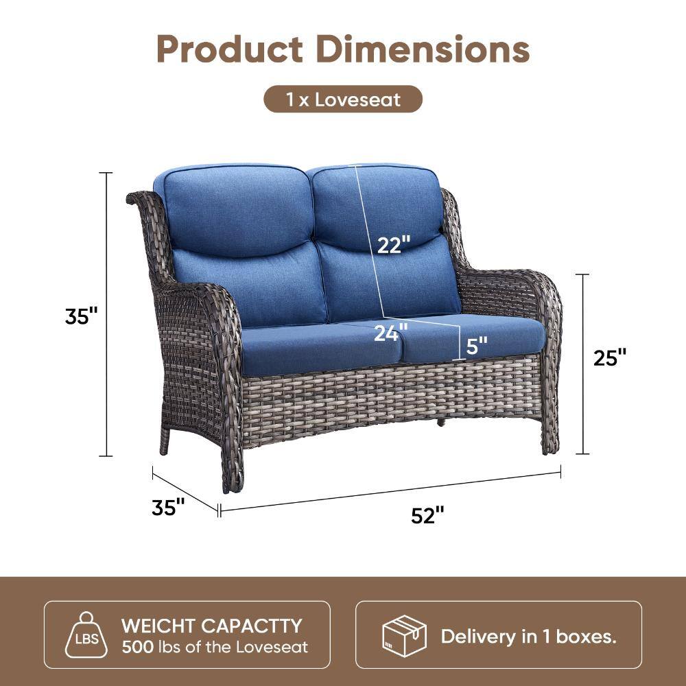 Dimensions of the gray wicker outdoor loveseat with blue cushions.