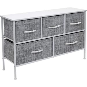 5-Drawer Marble White Dresser White Frame Wood Top Easy Pull Fabric Bins 11.87 in. L x 39.5 in. W x 24.62 in. H