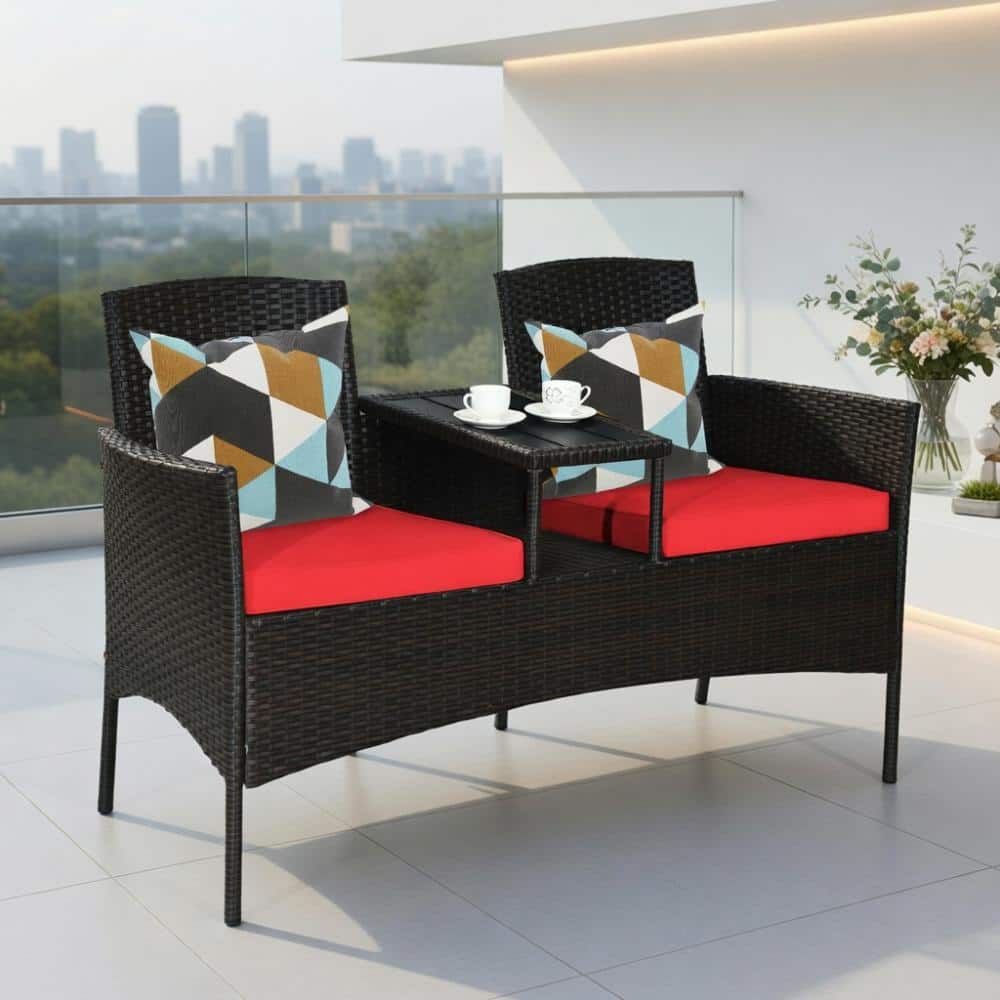 Modern All-Weather Rattan Conversation Set: Trapezoid Table & Removable Red/Turquoise/Beige Cushions for Backyard & Deck price history on PriceWatchPro