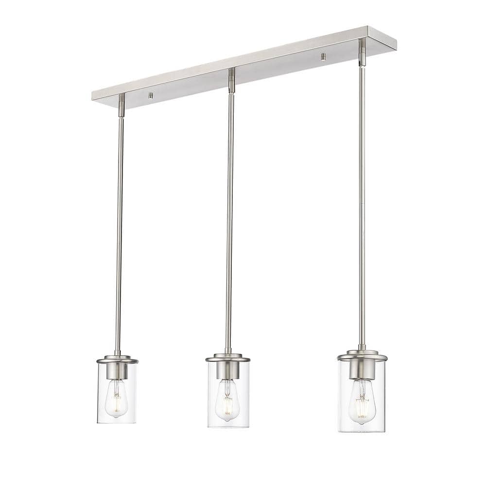 Thayer 34 in. 3-Light Brushed Nickel Shaded Pendant Light with Clear Glass 