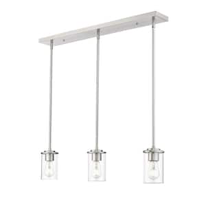 Thayer 34 in. 3-Light Brushed Nickel Shaded Pendant Light with Clear Glass Shade, No Bulbs Included