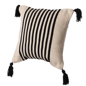 16 in. x 16 in. Black Handwoven Cotton Throw Pillow Cover with Striped Lines