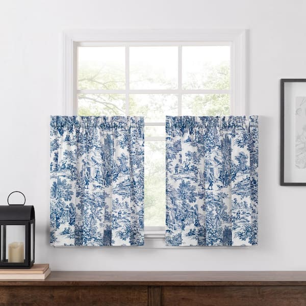 Ellis Curtain Victoria Park Blue Cotton Toile Rod Pocket Light Filtering Tier Curtain - 34 in. W x 24 in. L (Set of 2)