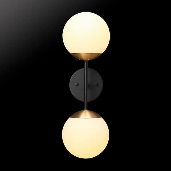 Celestia 2-Light Matte Black Wall Sconce with Antique Brass Socket and Matte Opal Glass Shades