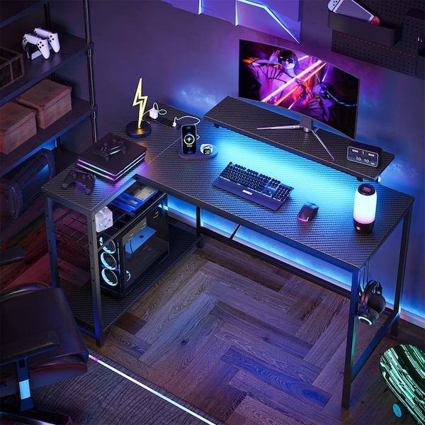 48 in. L-Shaped Black Carbon Fiber LED Gaming Desk with Storage Shelf and Power Outlets