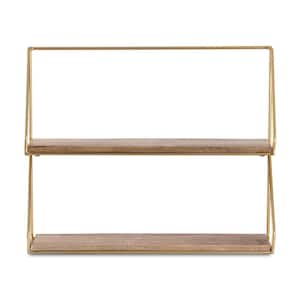 Lugo (14.15 in x 5 in x 18 in) - Gold & Natural Wood - Iron, Wood Floating Decorative 2 Tier Wall Shelf