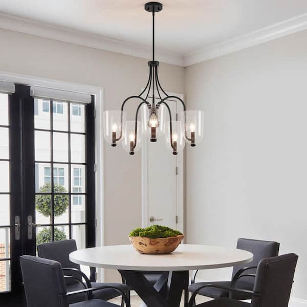 5-Light Painted Black Chandelier with Clear Seedy Glass Shades
