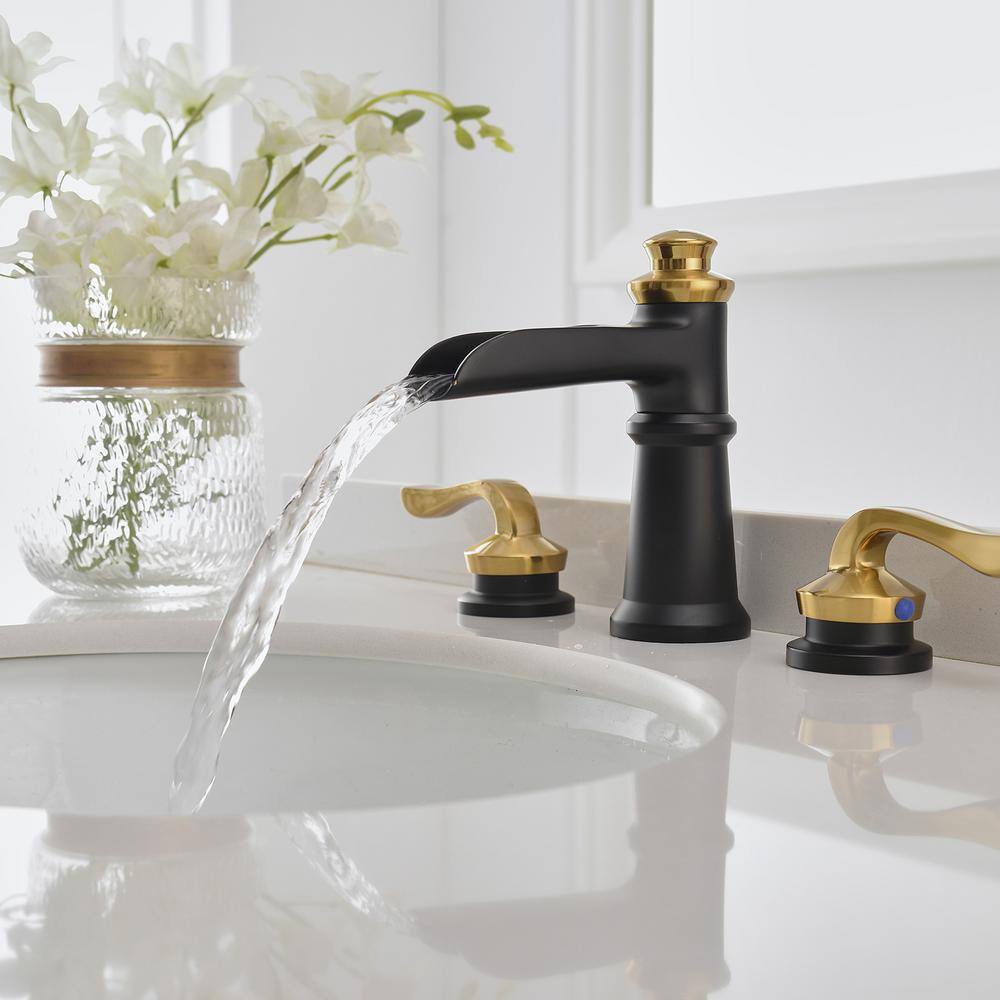 8-Inch Black and Gold Waterfall Widespread Bathroom Faucet