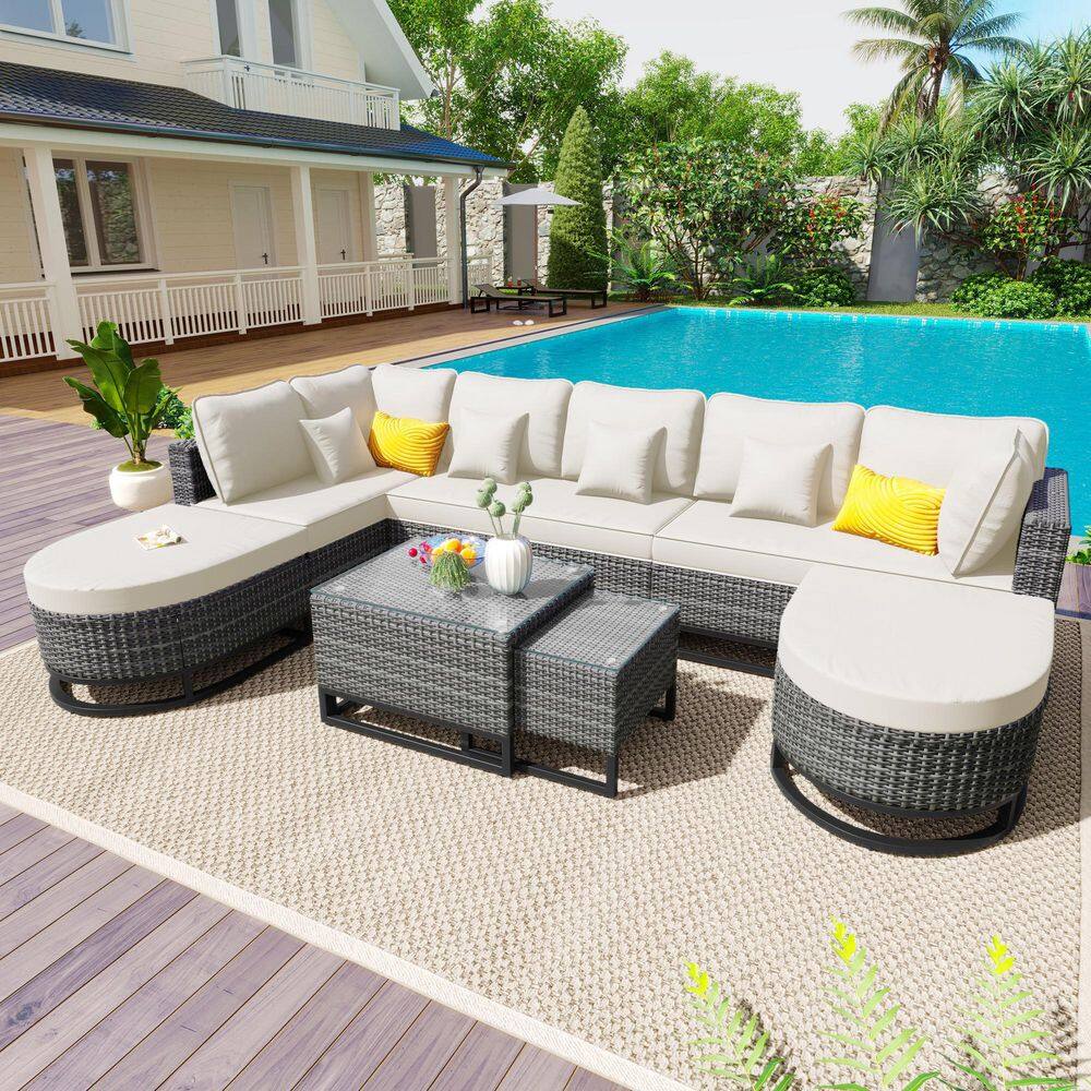 7-Pieces Gray Wicker Outdoor Sectional Set Free Combination with Beige Cushions and 2 Coffee Table price history on PriceWatchPro