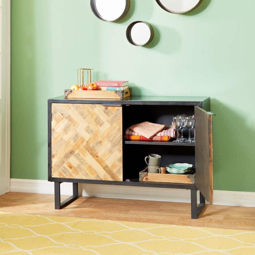 Black and Brown Geometric Wood Inlay Cabinet with Shelf