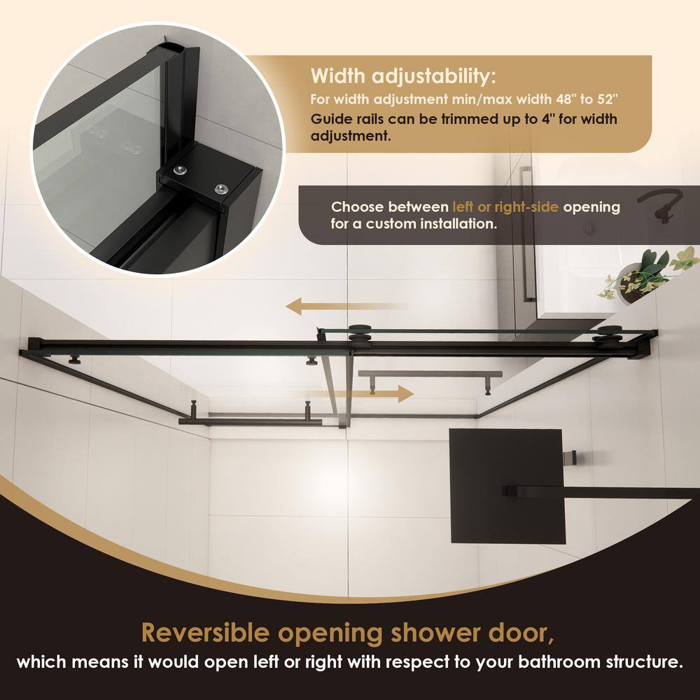 Belizzi 52" Matte Black Frameless Shower Door with Clear Glass