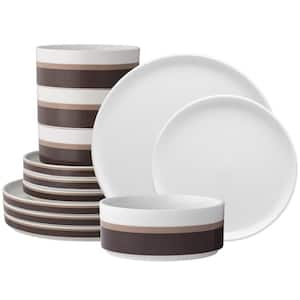 ColorStax Stripe Brown 12-Piece Stax (Brown) Porcelain Dinnerware Set, Service for 4