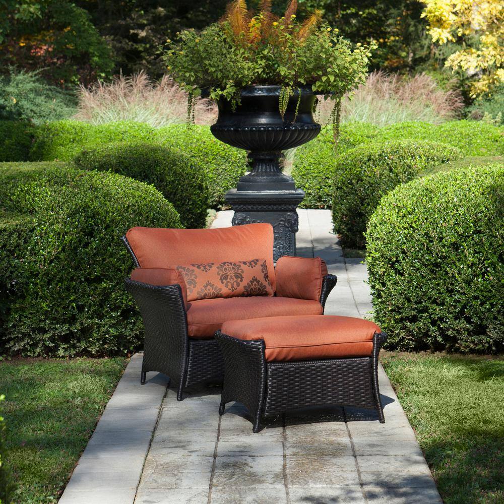 Hanover Strathmere Allure 2-Piece Patio Set with Oversized Armchair and Ottoman with Woodland Rust Cushions -  STRATHALLURE2PC