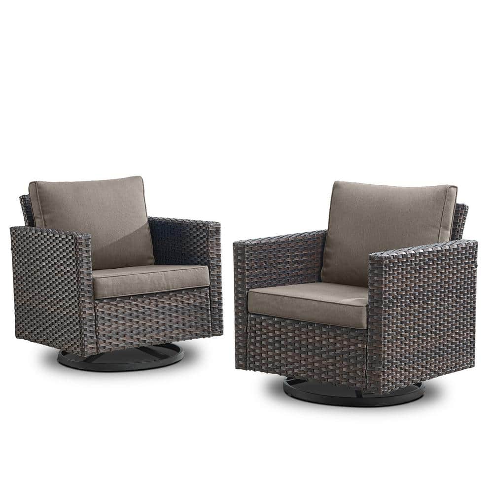 Gray and Brown Wicker Outdoor Swivel Rocking Armchair with Cushions