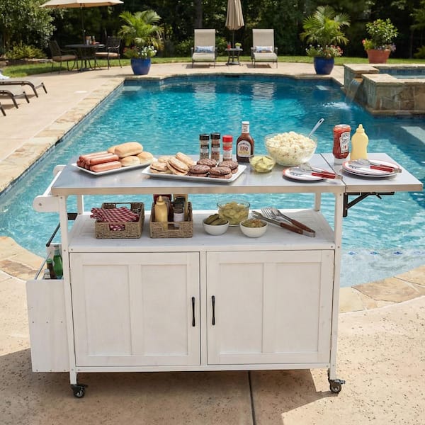 60.60 in. White Outdoor Kitchen Island Solid Wood Grill Cart Table