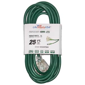 25 ft. 12-Gauge/3 Conductors, 3-Outlet 3-Prong, SJTW Indoor/Outdoor Extension Cord with Lighted End Green (1-Pack)
