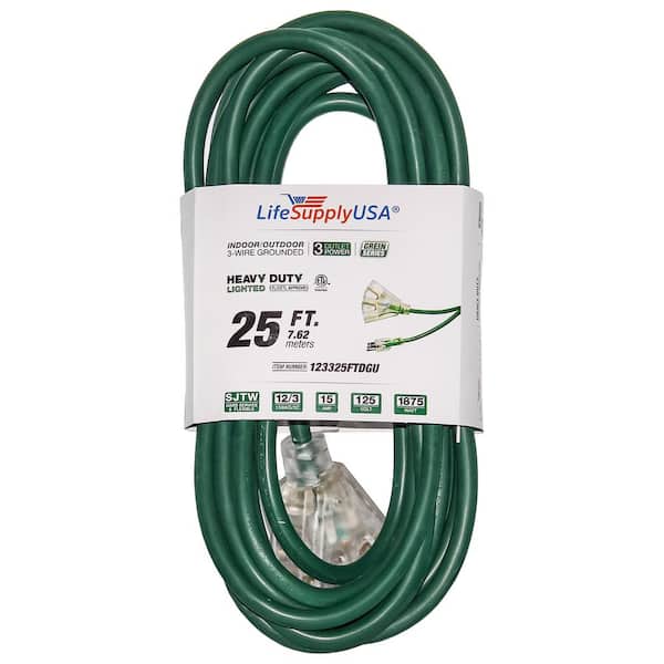 25 ft. 12-Gauge/3 Conductors, 3-Outlet 3-Prong, SJTW Indoor/Outdoor Extension Cord with Lighted End Green (1-Pack)