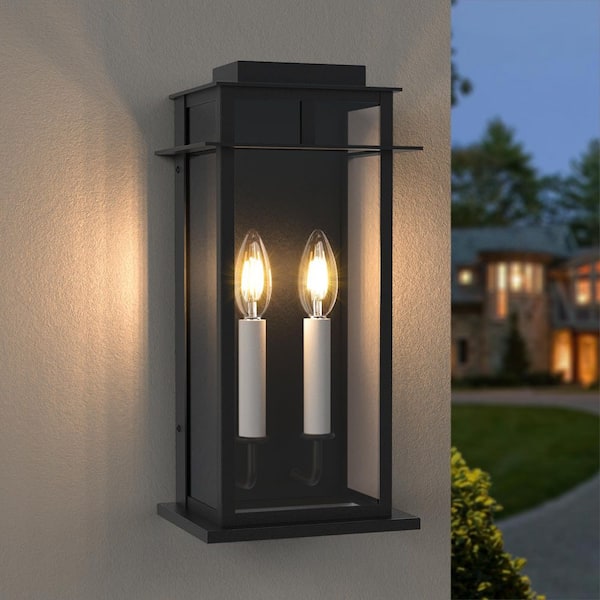15.6 in. 2-Light Black Modern Dusk to Dawn Outdoor Exterior Garage Front Wall Lights Sconces Lighting Fixture