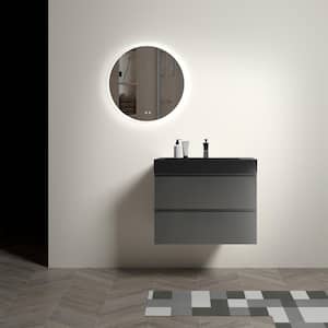 30 in. W Modern Wall Mounted Floating Bathroom Vanity with 2 Drawers and Single Black Sink in Gray