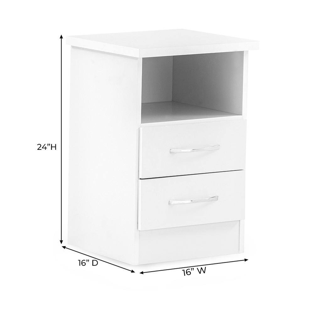 White Engineered Wood Modern 2-Drawer Nightstand with Open Shelf
