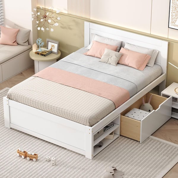 Pamela Antique White Wood Frame Full Size Platform Bed with Drawer, 2-Double Layer Shelves