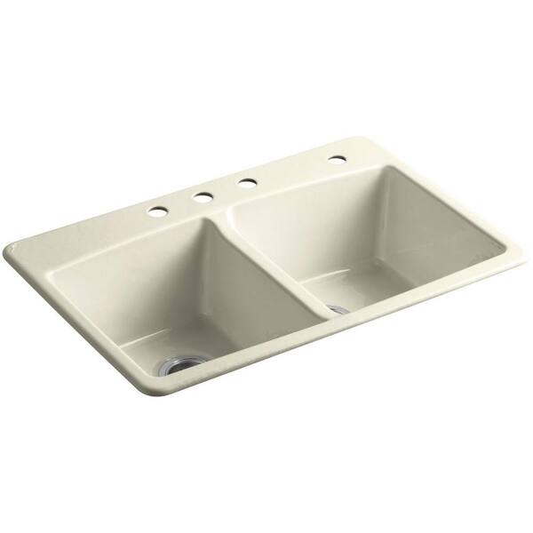 KOHLER Brookfield Drop-In Cast Iron 33 in. 4-Hole Double Bowl Kitchen Sink in Cane Sugar
