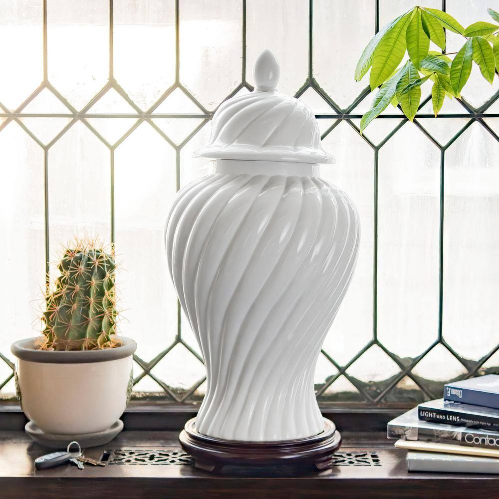 Oriental Furniture 24 in. White Swirling Ridges Temple Jar