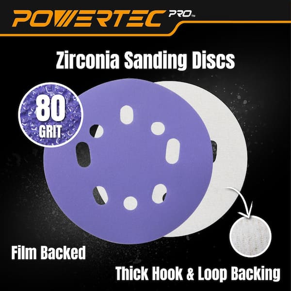 POWERTEC 5 in. Sanding Discs Hook and Loop, 80 Grits, Zirconia