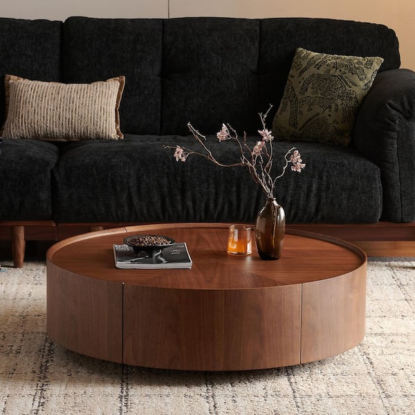 Harto 35.43 in. Walnut Round Wood Coffee Table with 2-Drawers