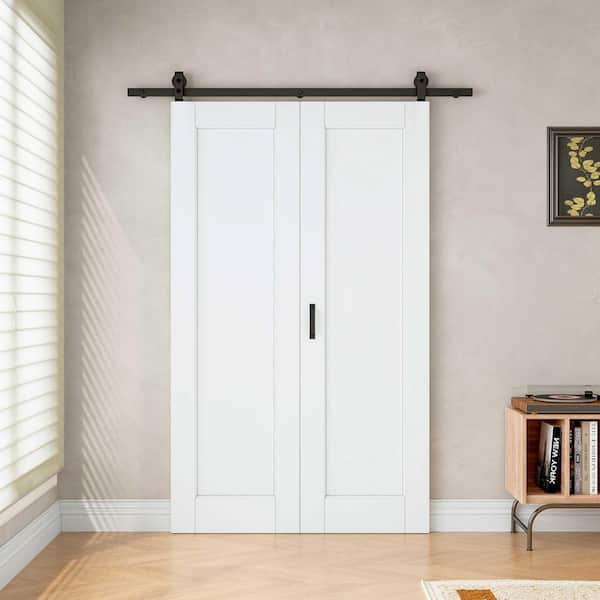 48 in. x 80 in. (Two 24 in. Slabs) 1 Paneled White Primed DIY Painting MDF Bifold Sliding Barn Door with Hardware Kit