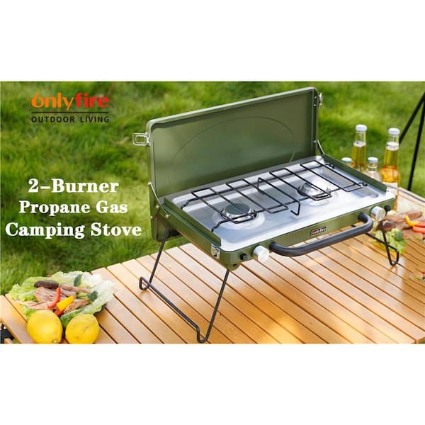 Hitechluxe 2-Burner Portable Propane Gas Grill Griddle Camp Stove in Green  with Foldable Legs, Heavy-Duty Latch & Handle THT144-BK