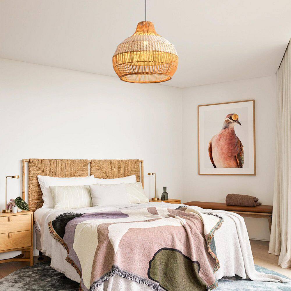 16.9 in. 60-Watt 1-Light Brown Boho Pendant Light with Rattan Shade for Kitchen Island Dining Room Foyer price history on PriceWatchPro