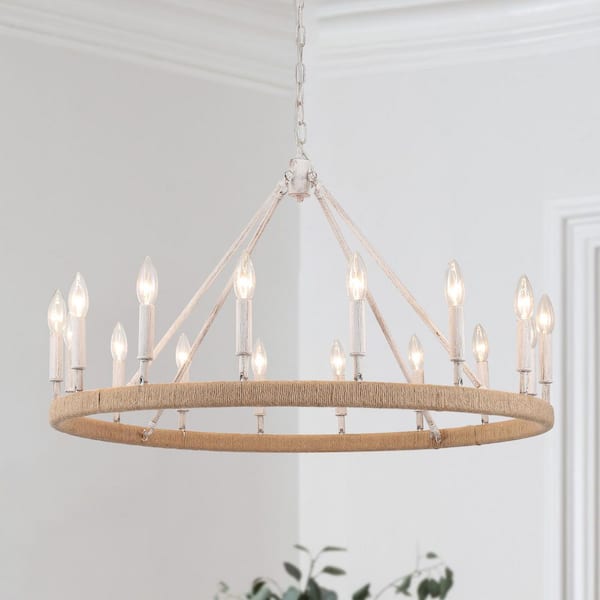 16-Light Beige Gray Antique Textured Traditional Farmhouse Hanging Wagon Wheel Candlestick Chandelier