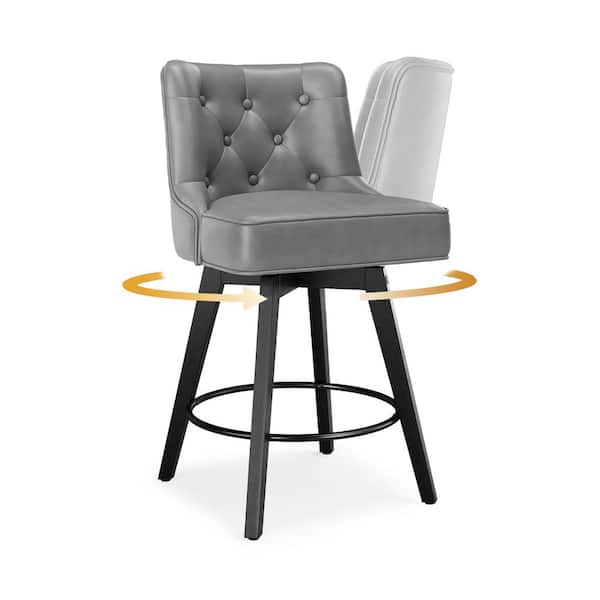 Roman 26.5 in. Dark Gray Faux Leather Solid Wood Leg Counter Height Swivel Bar Stool With Back（Set of 4）