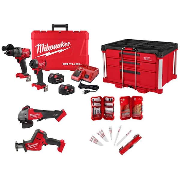 M18 FUEL 18V Lithium-Ion Cordless Hammer Drill & Impact Driver Combo Kit w/ Grinder, HACKZALL&PACKOUT Toolbox & Bit Set