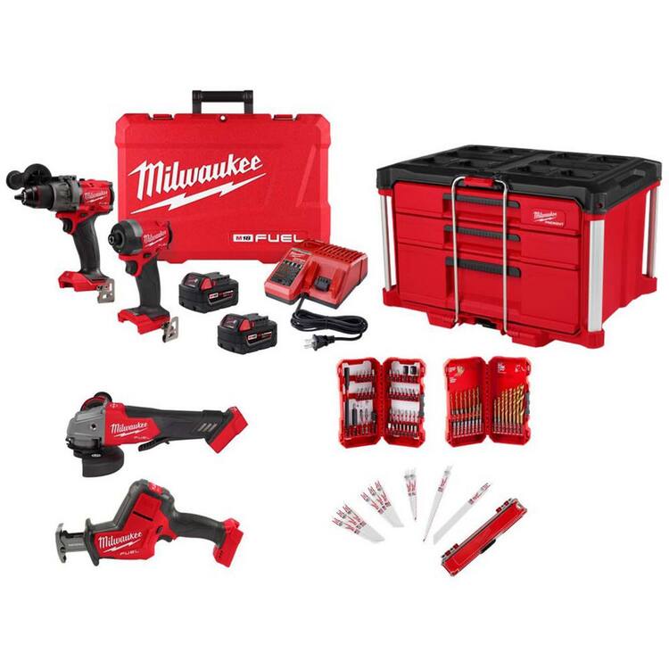 Milwaukee M18 FUEL 18V Lithium-Ion Cordless Hammer Drill & Impact Driver Combo Kit w/ Grinder, HACKZALL&PACKOUT Toolbox & Bit Set