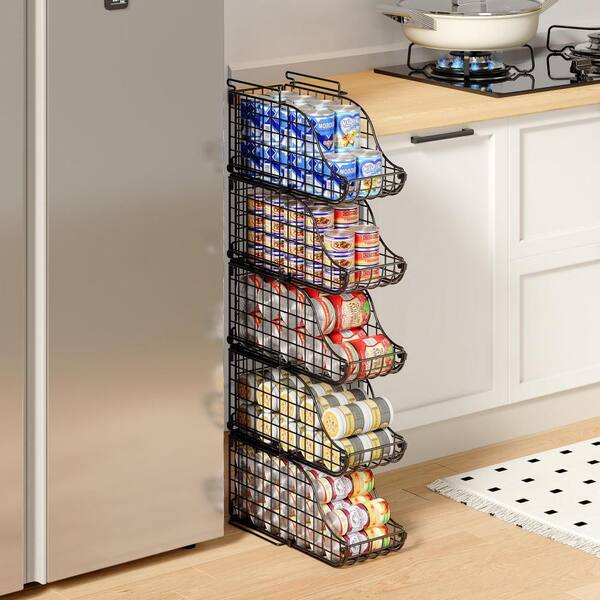 4-Pack Stackable Canned Food Organizer with Handles for Pantry Shelves, Can Storage, Foldable Wire Cabinet Shelf, Black